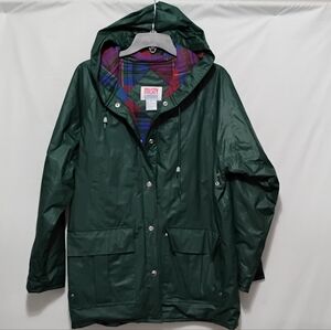 VTG MISTY WEATHER PVC Hooded Rain Jacket Womens Small Flannel Lined Green Snap
